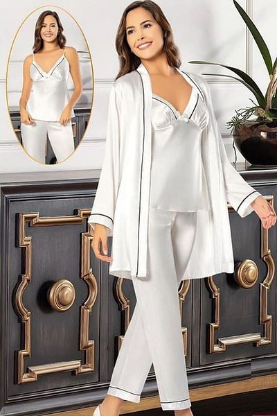 Xses 2101 Women's Ecru Satin Pajama Set with Dressing Gown