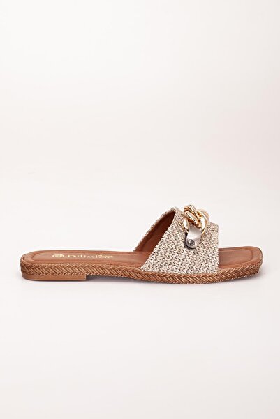 Dilimler Ayakkabı Women's Flat Heeled Slippers Mink Thick Single Tape Chain Accessory Straw