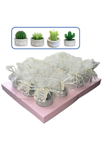 OEM Set of 12 wedding favors - Cactus candle in gray pot + ivory tulle + personalized label