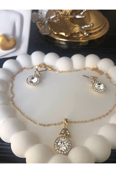 Merve Bijuteri Gold Renk Zirkon Taşlı İnci Boncuk Temalı Kolye Küpe Kombin Set