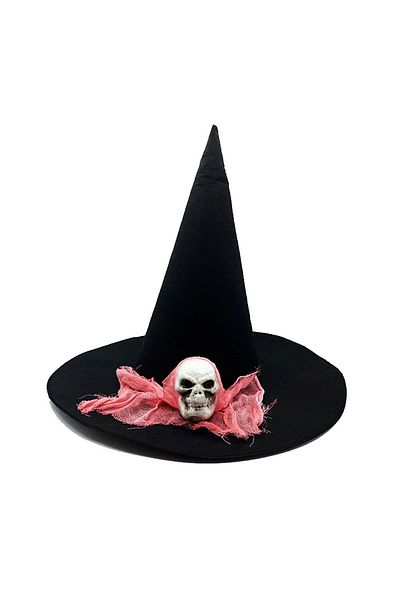 CONAHOME Black Color Pink Veiled Skull Themed Witch Hat 35X38 cm
