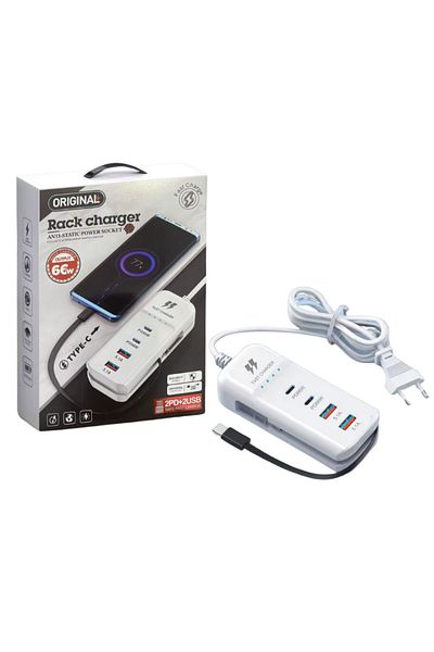 D&K WONDER 66W mains charger, for iPhone Samsung, 3x USB C, 2x USB, Super Fast Charge, White