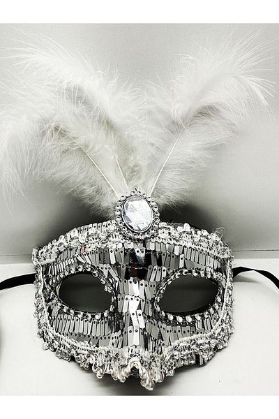 CONAHOME Silver Color Sequined Sequin Feather Party Mask 17X20 cm