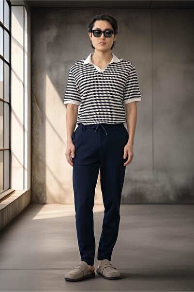 Valiberta Akira Knitted Pique Fabric Men's Trousers with Elastic Waist and Zipper - Navy Blue