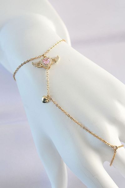 CONAHOME 316L Steel Gold Color Pink Zircon Stone Winged Heart Model Şahmeran - Tj-Sn585