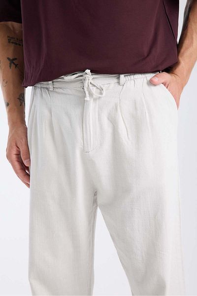 Valiberta Bergman Linen Look Cotton Flared Comfortable Fit Pleated Men's Trousers - Ecru