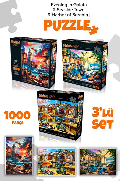Meleni Toys 3 Pieces 1000 Piece Puzzle - Tranquility in the Port, Coastal Town and Galata Tower Landscape Puzzle 68X48 cm