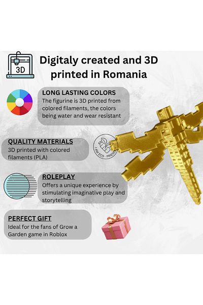 Lulu's Prints Figurina insecta Dragonfly pet din Grow a Garden, Roblox, auriu, plastic, printat 3D, 140x120x33 mm