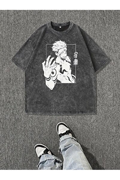 1blood Jujutsu Kaisen εμπριμέ πλενόμενο Vintage Unisex Oversize T-shirt