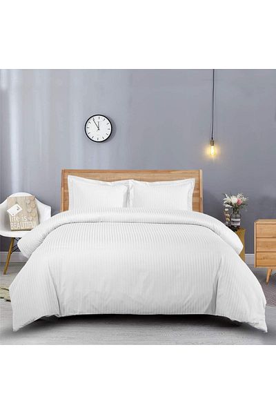 Five Store Double bed linen, elastic cover, Elegance, cotton damask, 1 cm stripe, white, 4 pieces