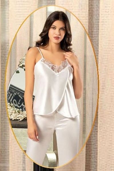 Xses 2165 Women's Ecru Satin Printed Pajama Set with Dressing Gown, 4 Pieces