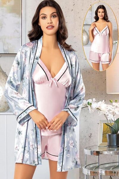 Xses 2156 Γυναικείο Σετ Σορτς με Ροζ Σατέν Εμπριμέ Φόρεμα