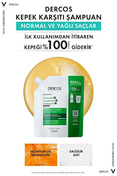 Vichy Dercos Normal ve Yağlı Saçlar için Kepek Karşıtı Şampuan Yeniden Dolum Paketi - Refill 390 ml