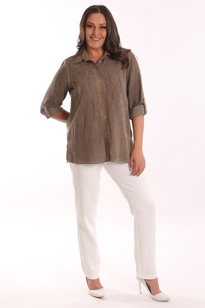 Metpoint Πουκάμισο Trend42plus Plus Size καφέ πέτρα με στάμπα μπατίκ που πλένεται