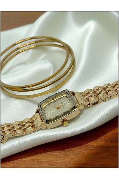 MAC CENTER Model Gold Color Steel Cord Women's Wristwatch and Combination Bracelet Set - Watch - Bracelet