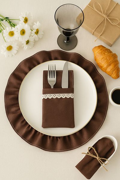 Mirilliahome Set of 2 Water Repellent Duck Linen Ruffled Supla and Lace Cutlery Set – 40 cm American Service