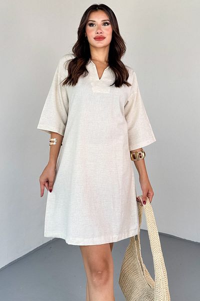 Cappmoda Elb-01826 Stone Color Green Linen Polo Neck V Cut Casual Dress
