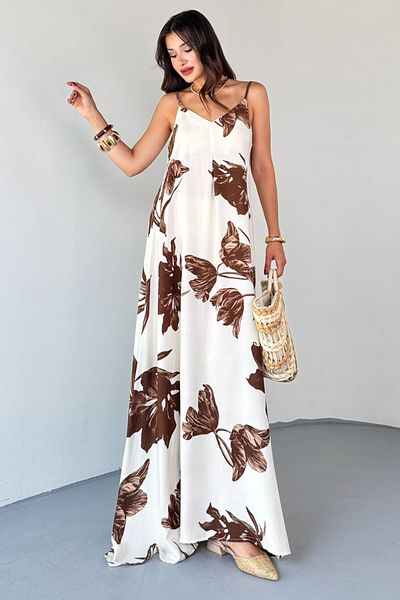 Cappmoda Elb-01825 Brown Leaf Pattern Cotton Viscose Dress with Adjustable Strap