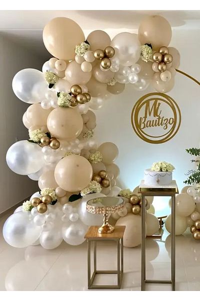 Çemrek Süs Parti Pearl White Sea Sand Gold Chrome Balloon Chain Set of 100