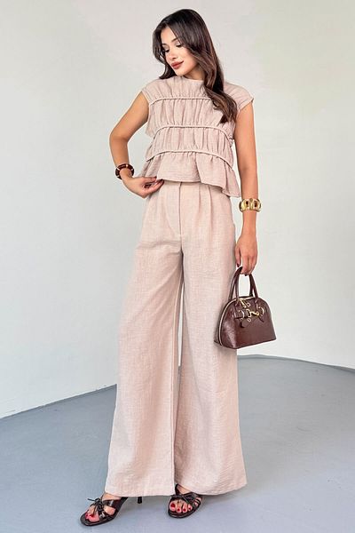 Cappmoda Tkm-8041 Beige Flywheel Detailed Sleeveless Linen Blouse & Pleated Trousers Set with Elastic Back