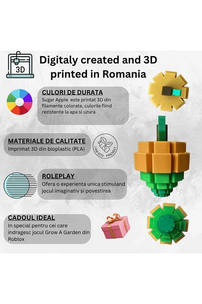 Lulu's Prints Figurina fruct Sugar apple din Grow a Garden, Roblox, multicolor, plastic, printat 3D, 50x50x71 mm