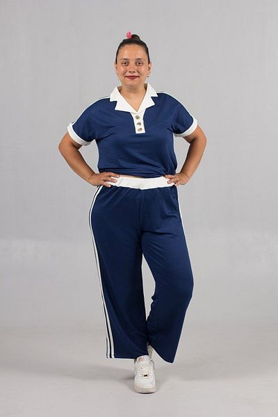 Truva XXL Blue Tracksuit Set with Wide Leg Trousers and Combed Cotton Stripe |   Comfortable & Stylish |   Plus Size