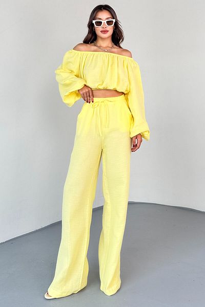 Cappmoda Tkm-13328 Yellow Boat Neck Blouse & High Waist Wide Leg Pants Set