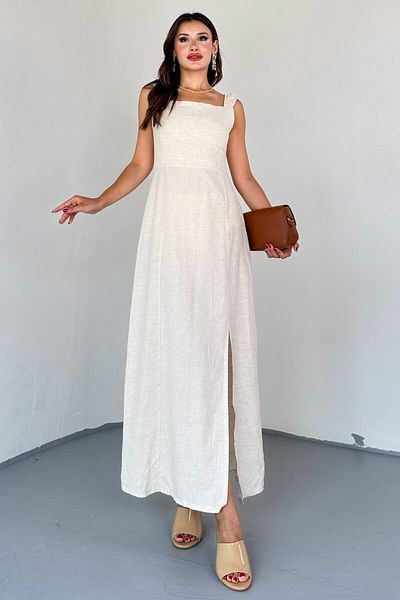 Cappmoda Elb-01824 Stone Color Slit Detail Cross Tie Back Linen Dress