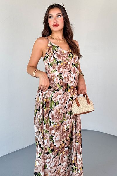 Cappmoda Elb-01823 Mink Adjustable Strap Floral Pattern Cotton Viscose Dress