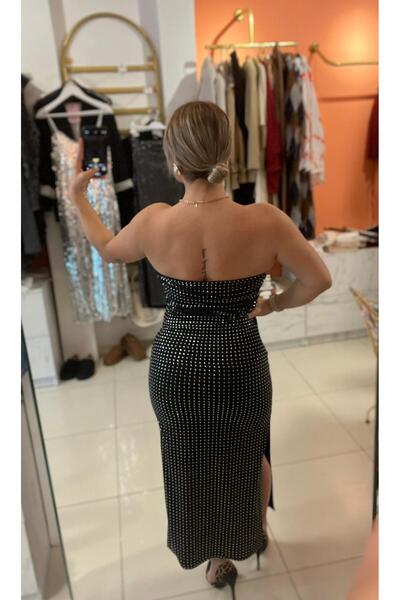 ESPERANZA BOUTIQUE Quzu Siyah Taş Detaylı Straplez Elbise