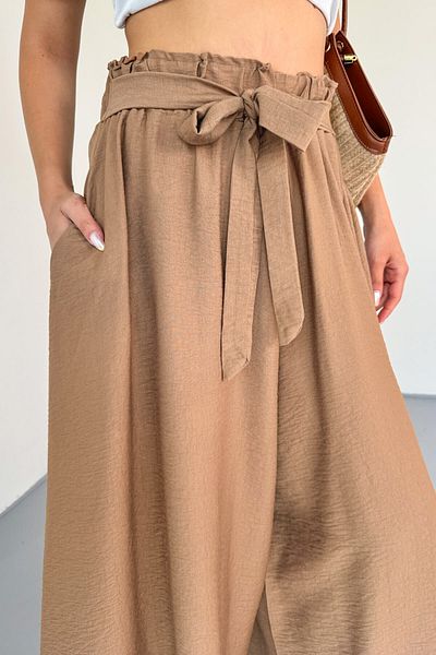 Cappmoda Pnt-07410 Milky Brown Woven Belted Shalwar Skirt Trousers