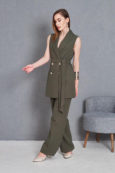 LOVELF Gold Button Belted Vest Suit Khaki