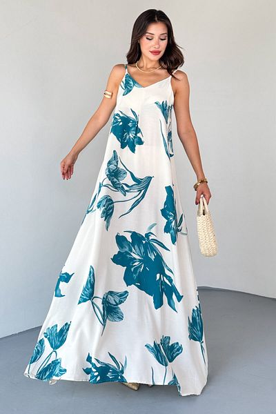 Cappmoda Elb-01825 Blue Leaf Pattern Cotton Viscose Dress with Adjustable Strap