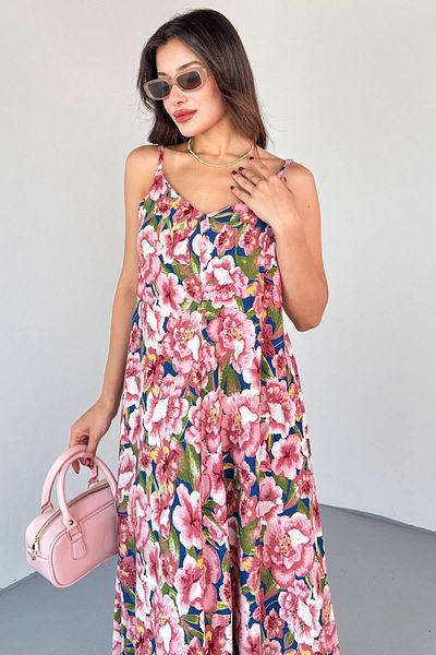 Cappmoda Elb-01823 Pink Adjustable Strap Floral Pattern Cotton Viscose Dress
