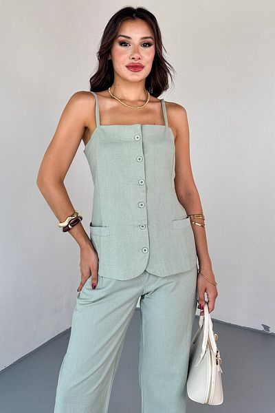 Cappmoda TKM-13327 بلوزة قصيرة بجيب مزين بأزرار باللون الأخضر النعناعي وبنطلون عالي الخصر من الكتان - نسخة