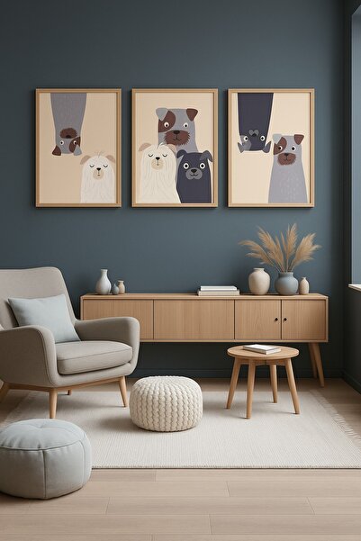 Ahşap Aksesuar Ahşap Çerçeveli Sevimli Köpekler 3’lü Tablo