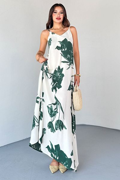 Cappmoda Elb-01825 Green Leaf Pattern Cotton Viscose Dress with Adjustable Strap