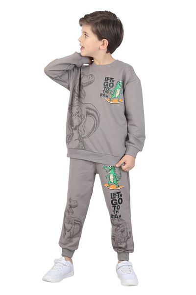 ERDEM KIDS Boys' Dinosaur Printed Pajamas Set Two-Thread Tracksuit Set Dual Set