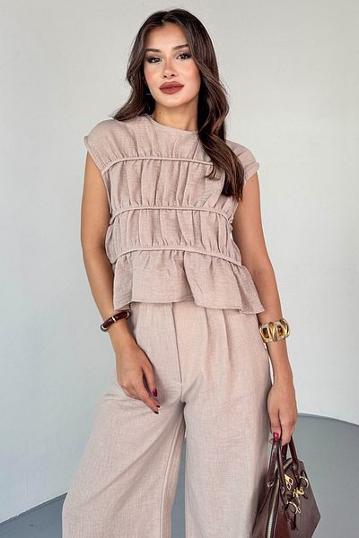 Cappmoda Tkm-8041 Beige Flywheel Detailed Sleeveless Linen Blouse & Pleated Trousers Set with Elastic Back