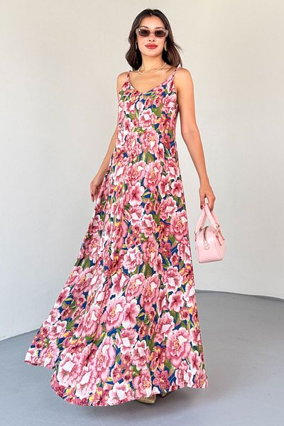Cappmoda Elb-01823 Pink Adjustable Strap Floral Pattern Cotton Viscose Dress