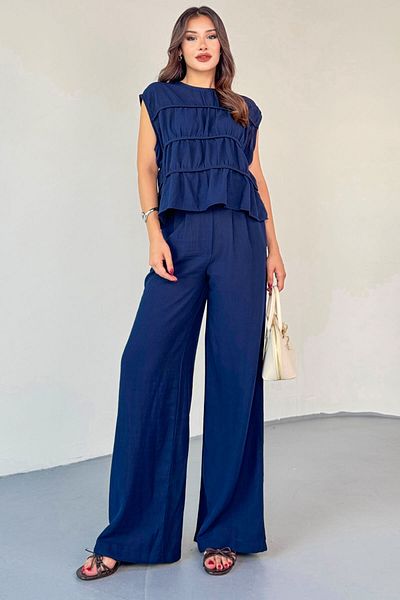 Cappmoda Tkm-8041 Navy Blue Flywheel Detailed Sleeveless Linen Blouse & Pleated Trousers Suit with Elastic Back