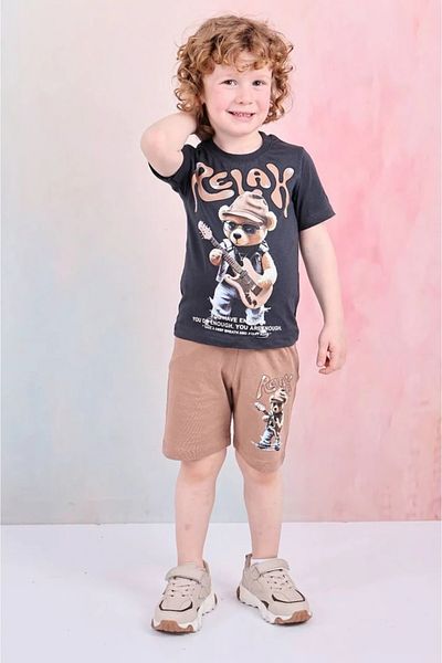 Yağmur Giyim Pjkskt Relax Guitarist Bear Patterned Brown Shorts Boys Short Sleeve Suit 7608-K