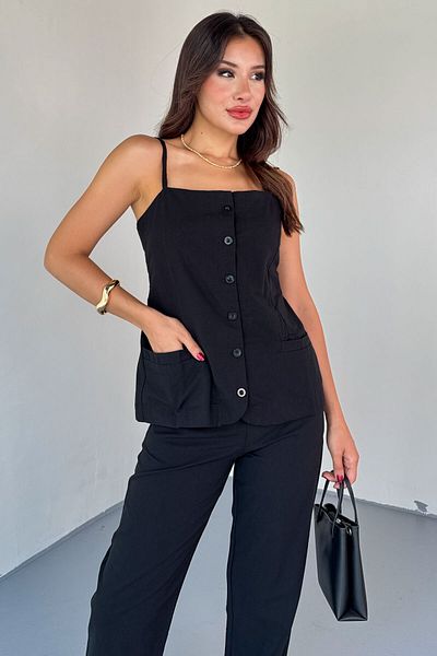 Cappmoda Tkm-13327 Black Button Detailed Pocket Crop Blouse & High Waist Trousers Linen Suit