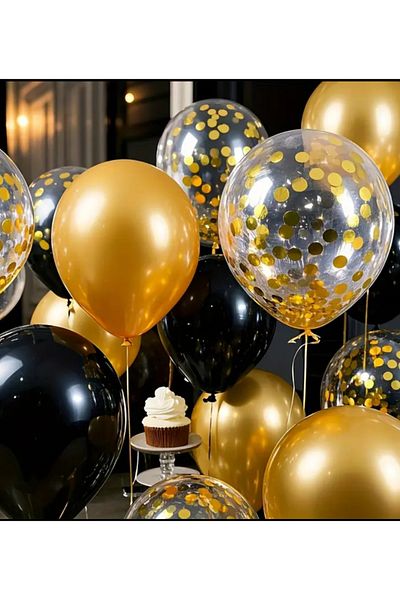 Çemrek Süs Parti Metallic Gold Black Transparent Sequin Balloon Set of 30