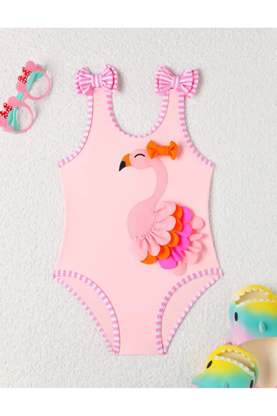 MODA Kız Çocuk Pembe Flamingo Desenli Tek Parça Mayo – Fırfır ve Fiyonk Detaylı Yazlık Plaj ve Havuz Mayo