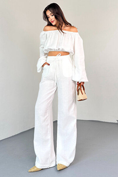 Cappmoda Tkm-13328 White Boat Neck Blouse & High Waist Wide Leg Pants Set