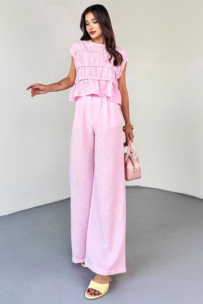 Cappmoda Tkm-8041 Pink Flywheel Detailed Sleeveless Linen Blouse & Pleated Pants Suit with Elastic Back
