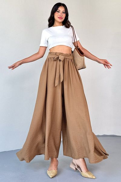 Cappmoda Pnt-07410 Milky Brown Woven Belted Shalwar Skirt Trousers
