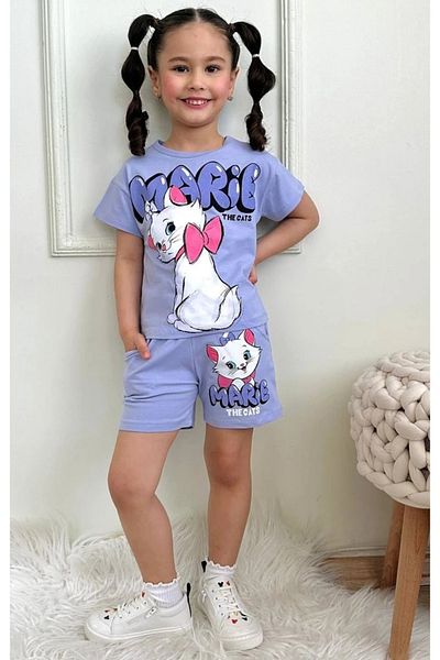 Yağmur Giyim Pjkskt Marie Sweet Kitten Patterned Lilac Shorts Girl's Short Sleeve Set 7623-L