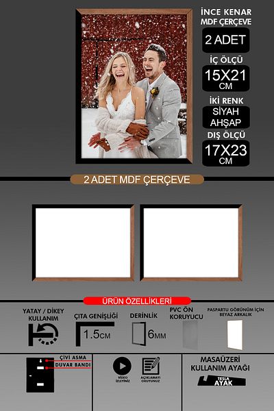 yhfoto 2Pcs 15X21 Frame - Fine Slatted A5 Frame - 2 Colors Wood Black - 6mm Photo Frame